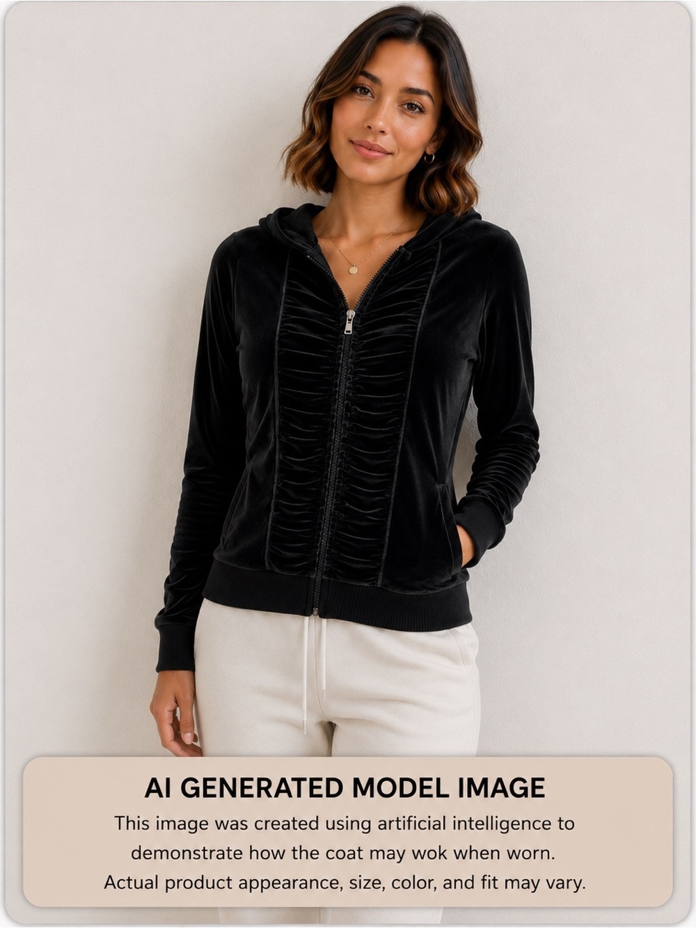 Plush & Lush Black Velvet Lightweight Hoodie Jacket Ruched Details Note-spot